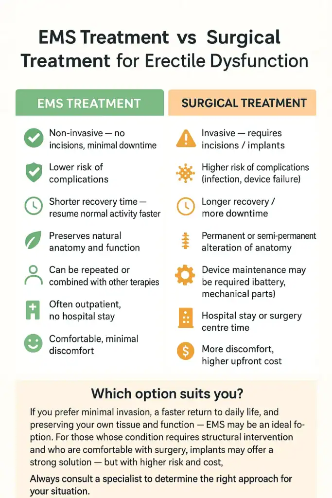 A table showing the benefits of EMS chair for erectile dysfunction treatment Derby compared to surgery.