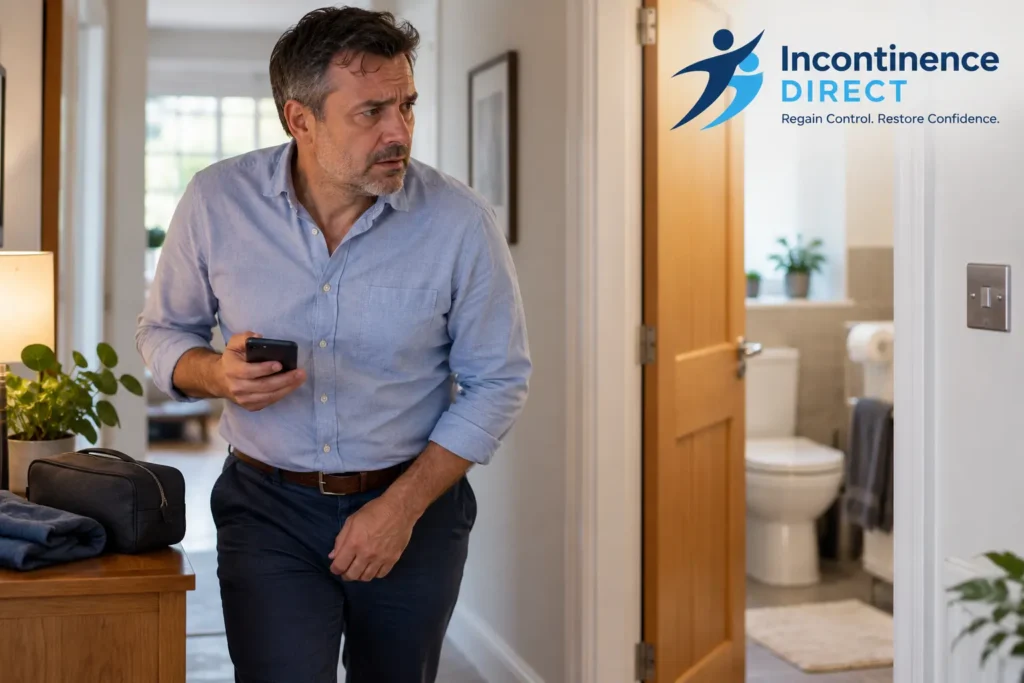Worried Man Near Open Bathroom affected from faecal incontinence safety tips from incontinence direct {name}