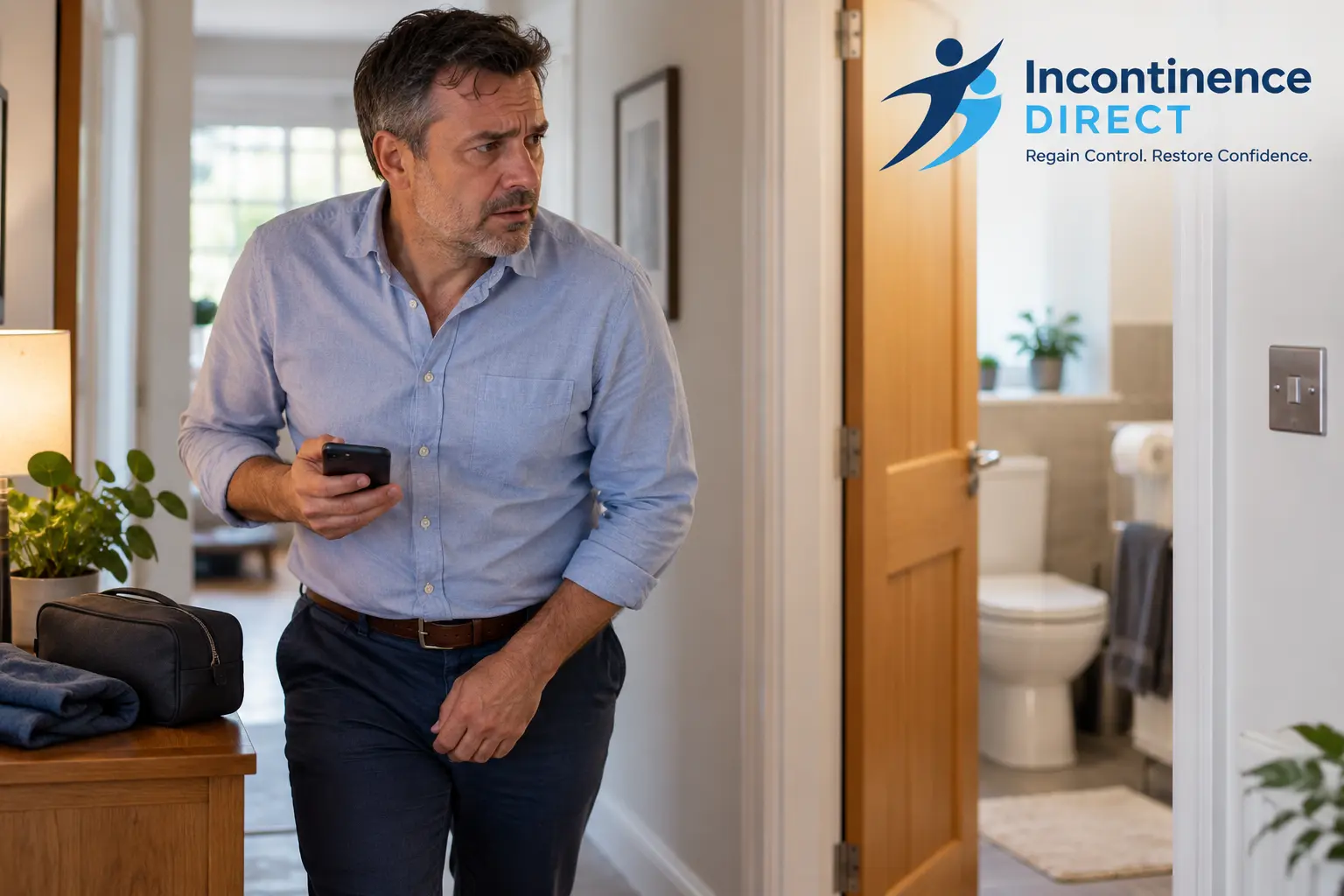 Worried Man Near Open Bathroom affected from faecal incontinence safety tips from incontinence direct Derby