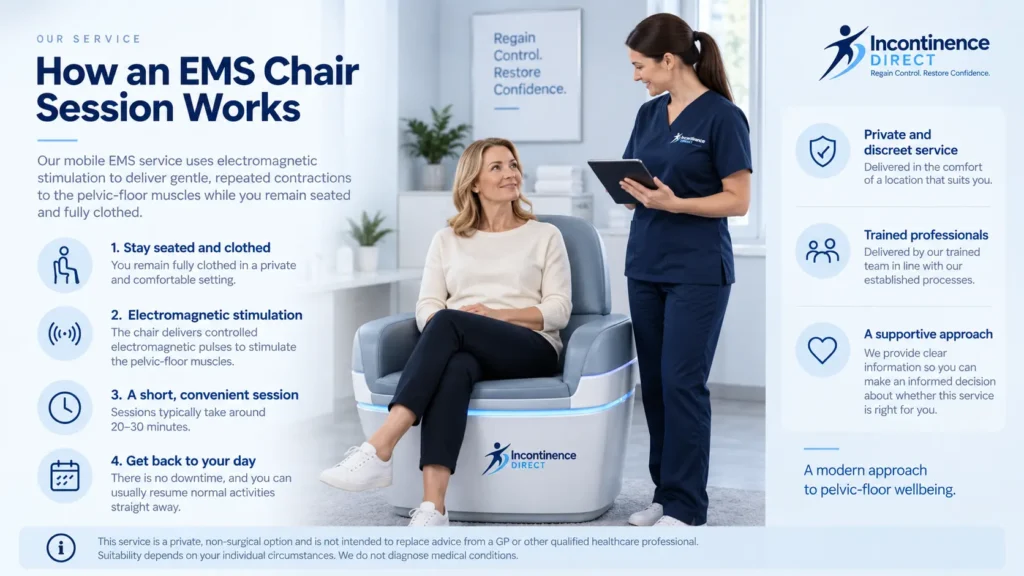 how ems chair session works at incontinence direct Derby a detailed infographics for the incontinence process