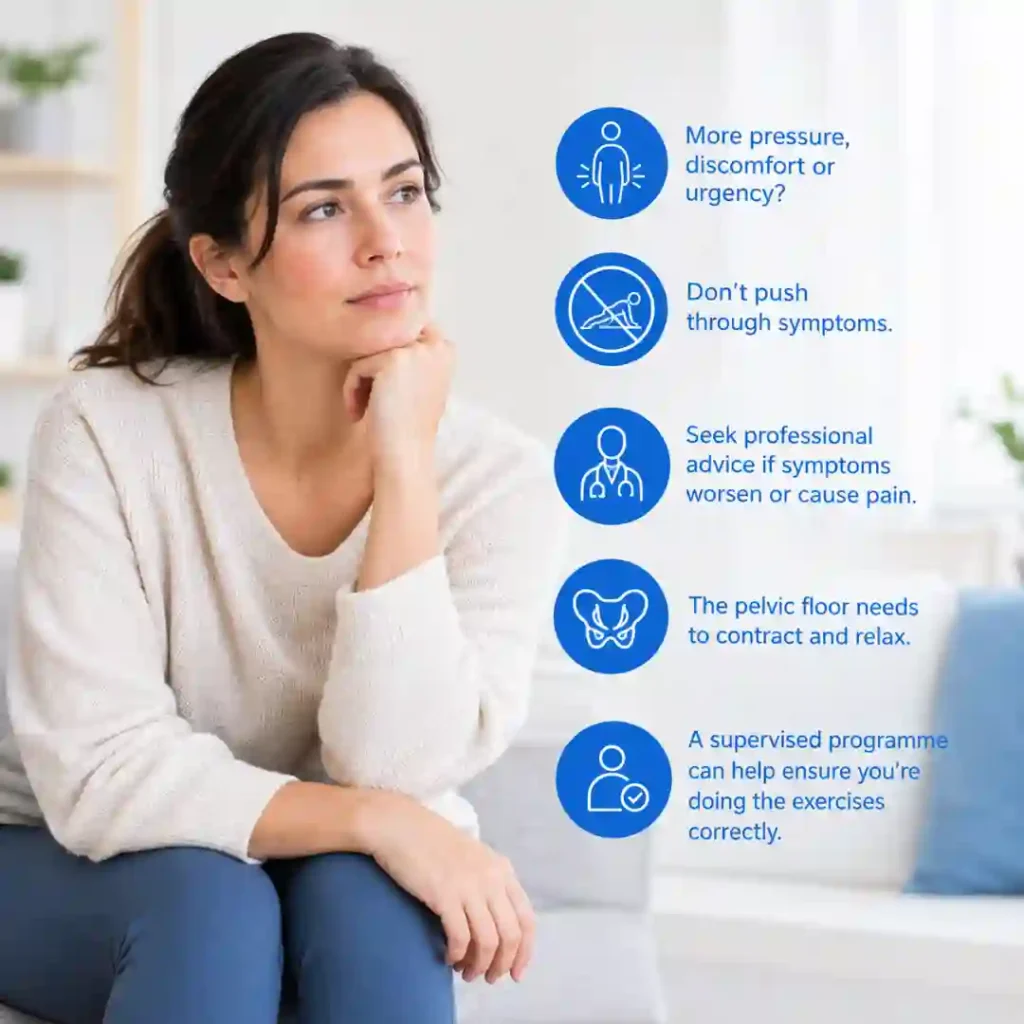 Pelvic-floor exercises Derby involve controlled contraction and relaxation. Persistent pressure, discomfort or urinary urgency may warrant professional assessment.