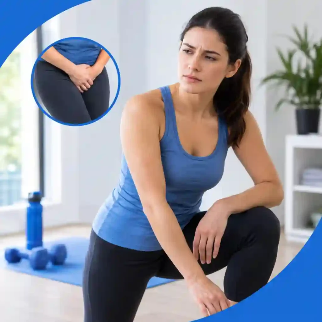 Pelvic-floor exercise Derby guidance for urinary leakage, focusing on correct muscle technique, relaxed breathing, muscle relaxation and seeking professional advice if symptoms worsen.